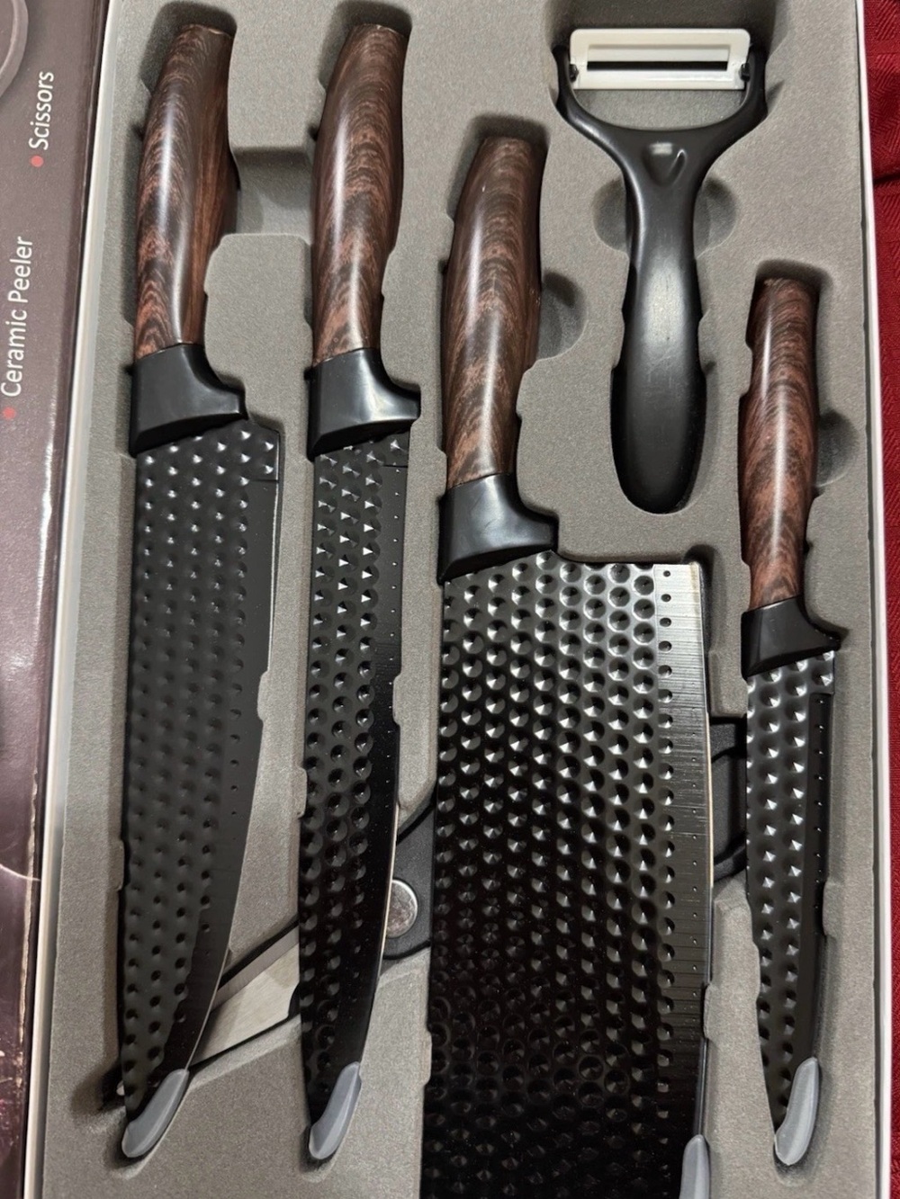 6-Piece Black Blade Knife Set with scissors Wood-Effect Handles and Peeler